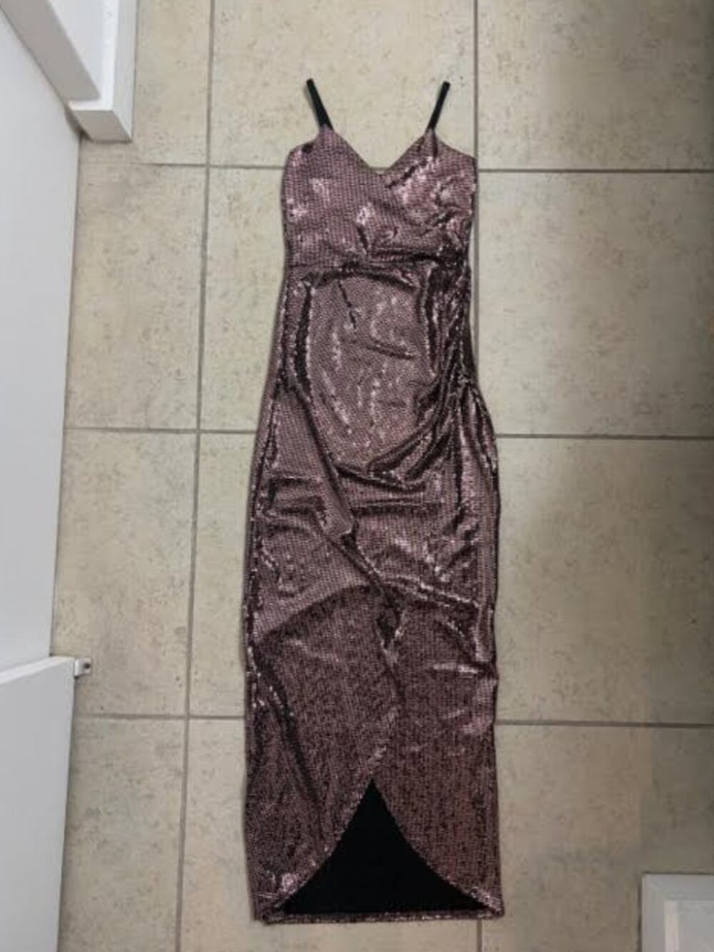 QUIZ Clothing Women's Dress 34 S Bronze Rose Gold Sequin Maxi High Split NWOT